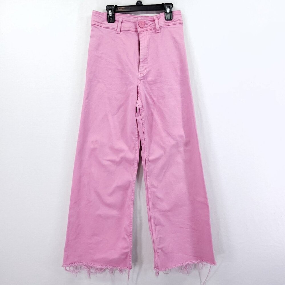 Zara Pink The Marine Flare Stretch Wide Leg Raw Hem High Rise Jean Size 4